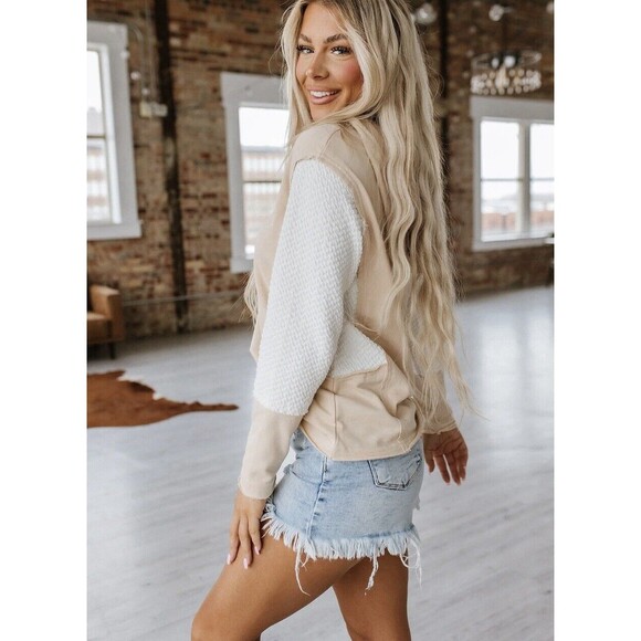 NWT Liam & Co Hudson‎ Textured Sleeve Raw Hem Hoodie Size Small White Parchment - Picture 10 of 11